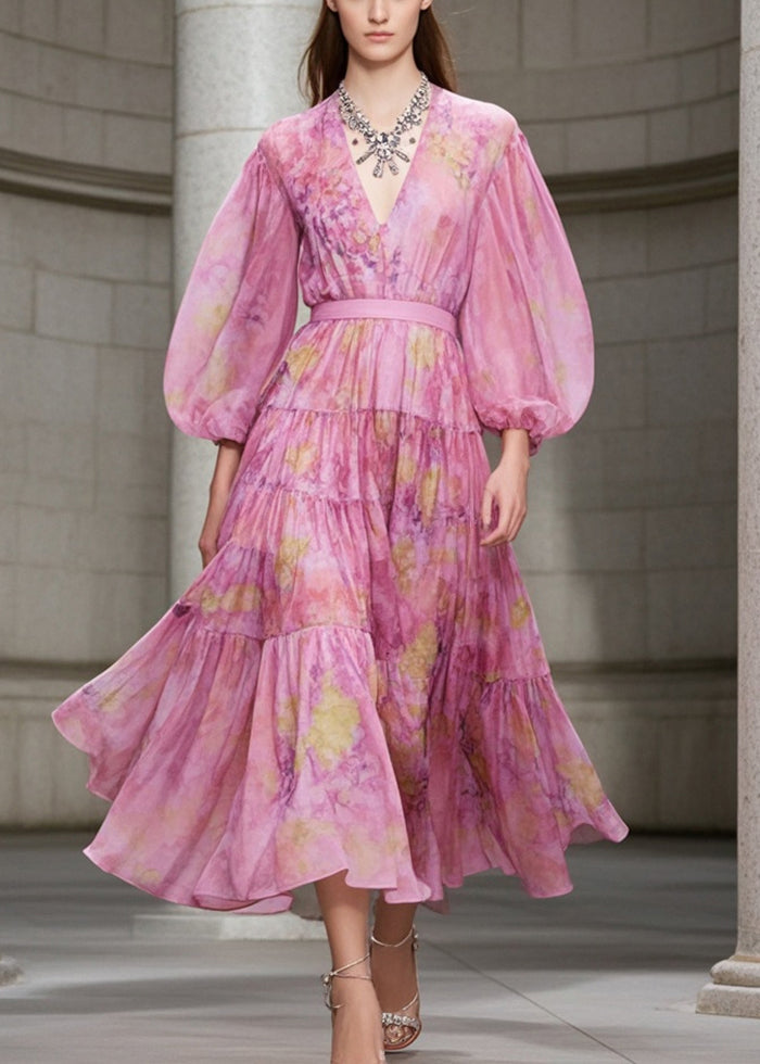 Abstract Print Tiered Deep V-Neck Bishop Sleeve Chiffon Midi Dress - View 5