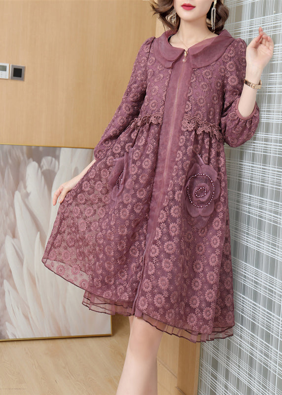 Lace Peter Pan Collar Zip Front Pearl Applique Mesh Hem Midi Dress - View 3