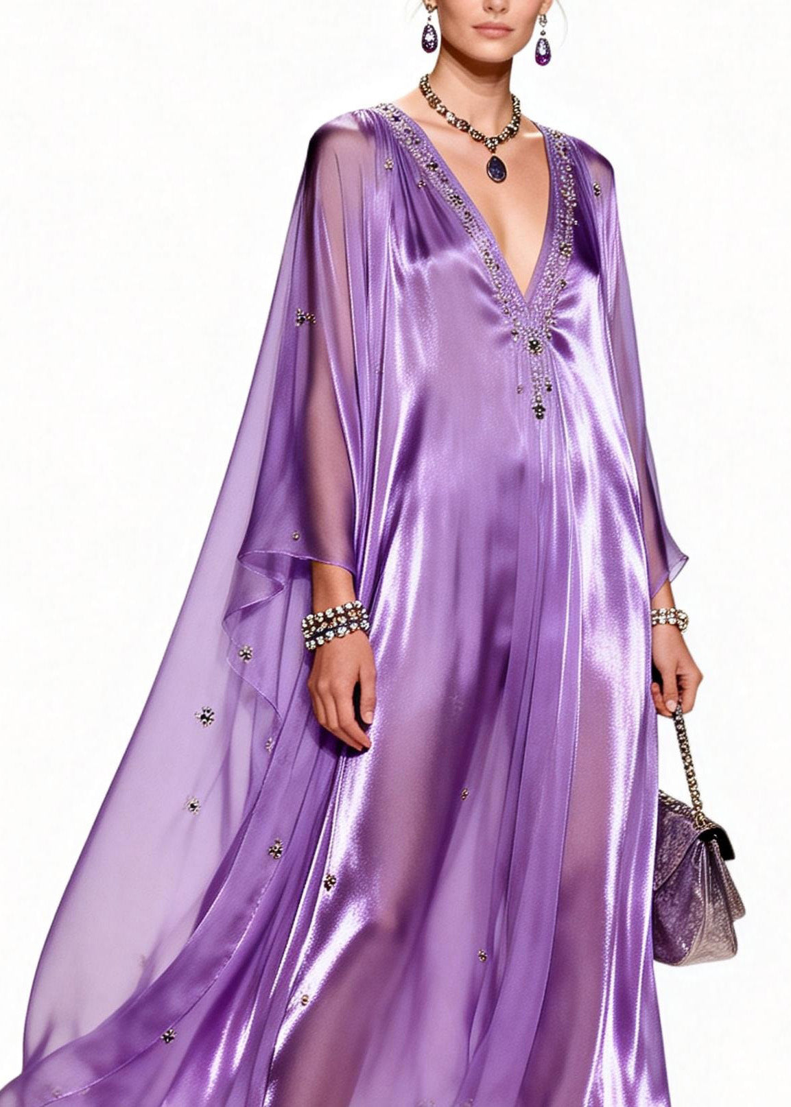 Sequin Floral Beaded Deep V-Neck Cape Sleeve Kaftan Maxi Gown - View 2
