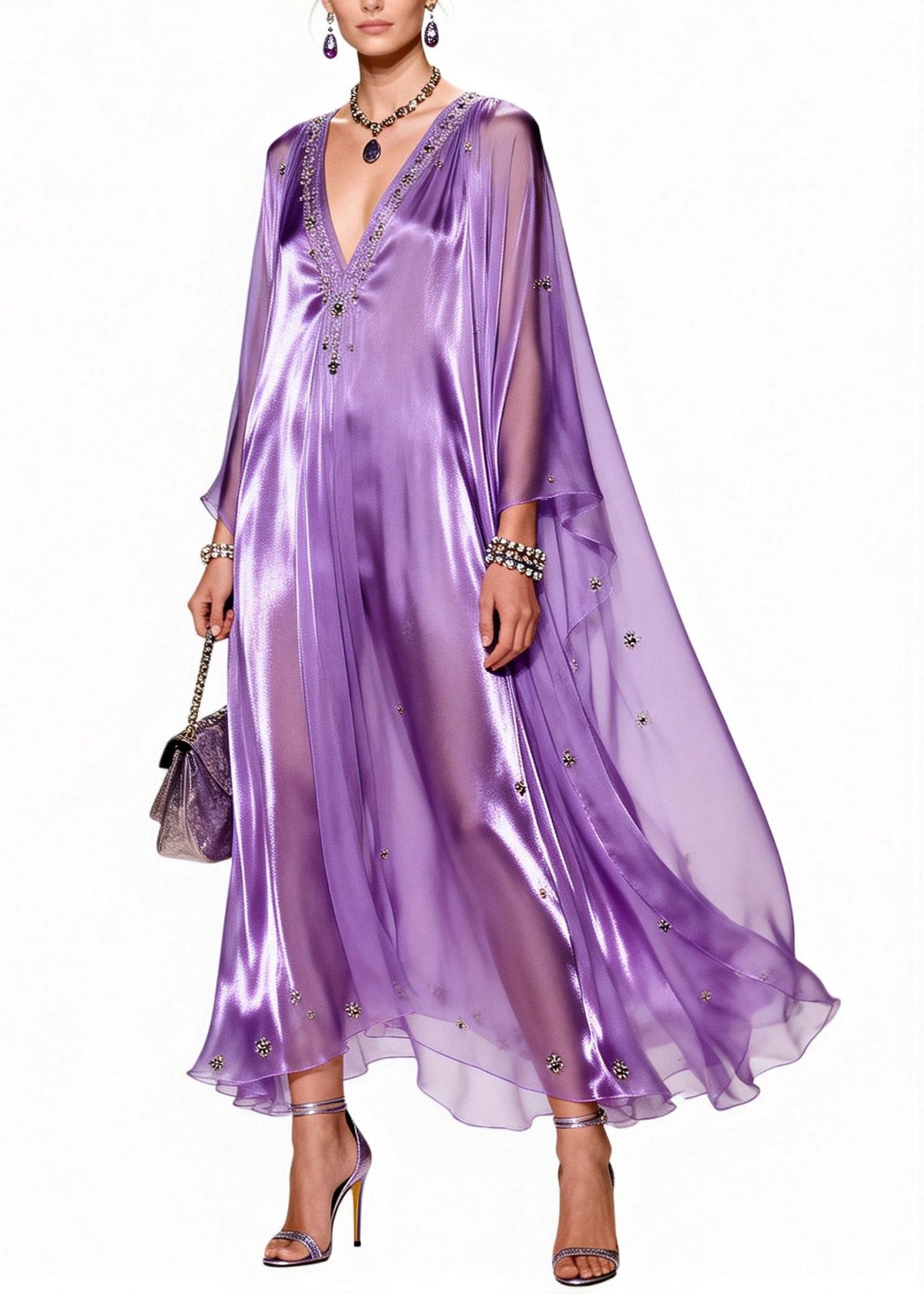 Sequin Floral Beaded Deep V-Neck Cape Sleeve Kaftan Maxi Gown - View 3