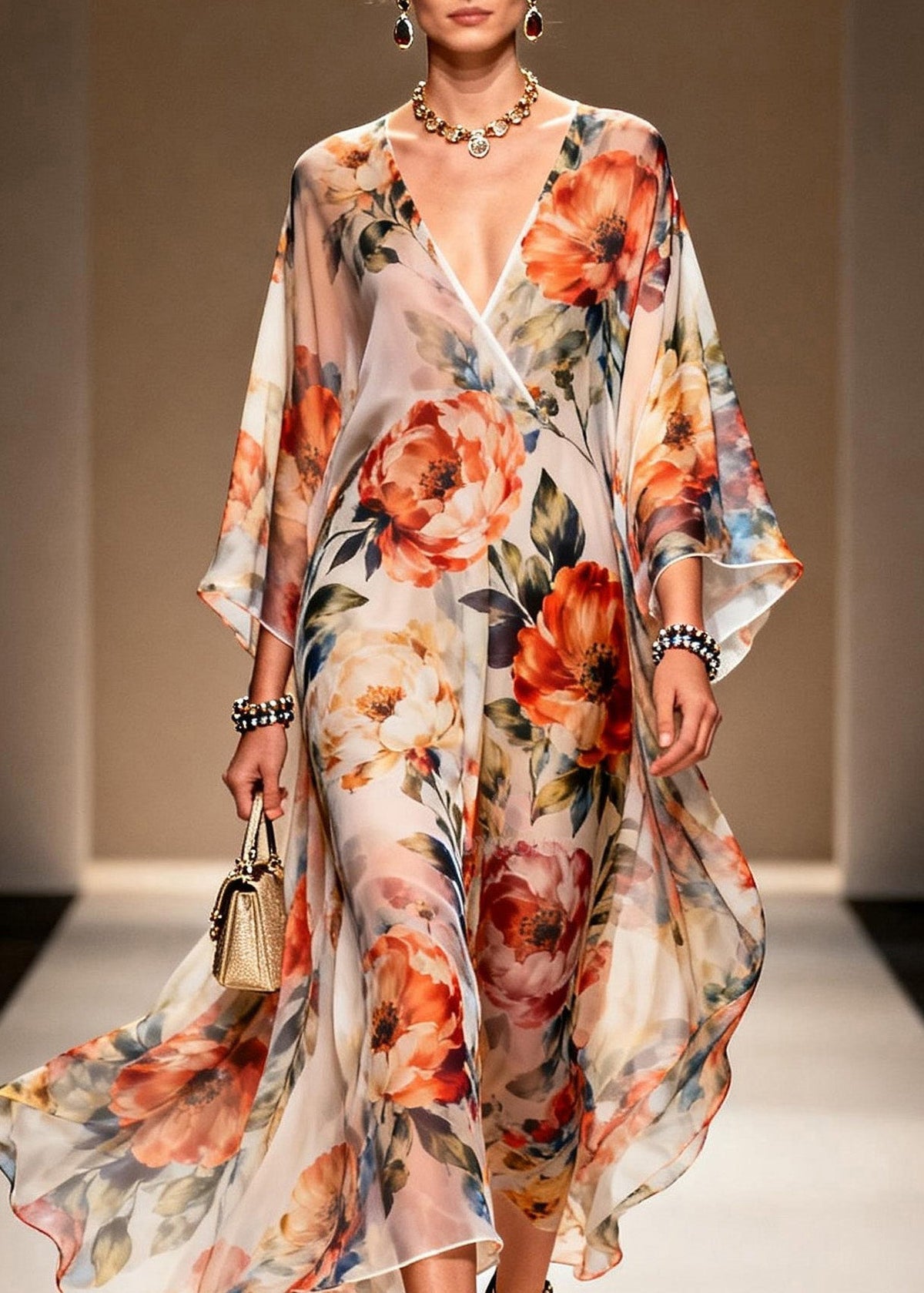 Floral Print Deep V-Neck Wrap Kimono Sleeve High Split Maxi Gown - View 2