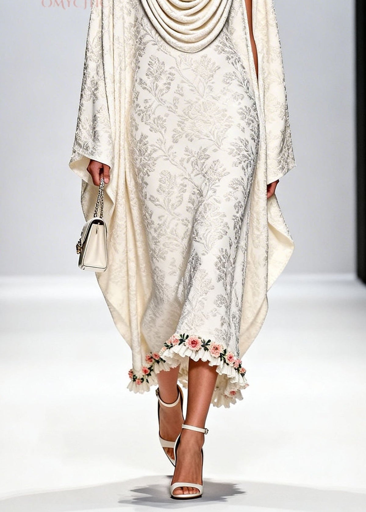 Italian White Draped Neckline Print Ruffled Floral Silk Dress Fall - View 4