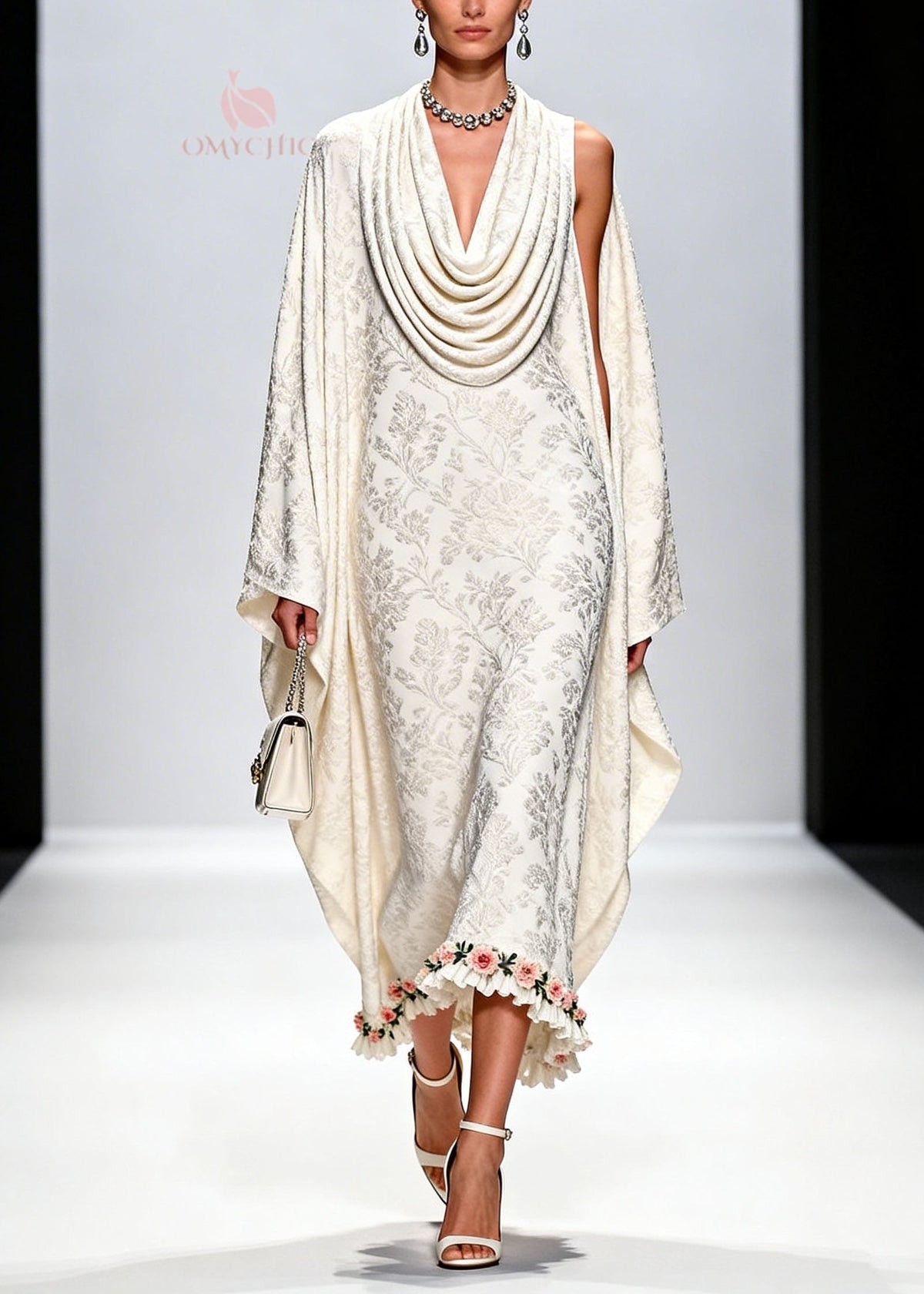 Italian White Draped Neckline Print Ruffled Floral Silk Dress Fall - View 5
