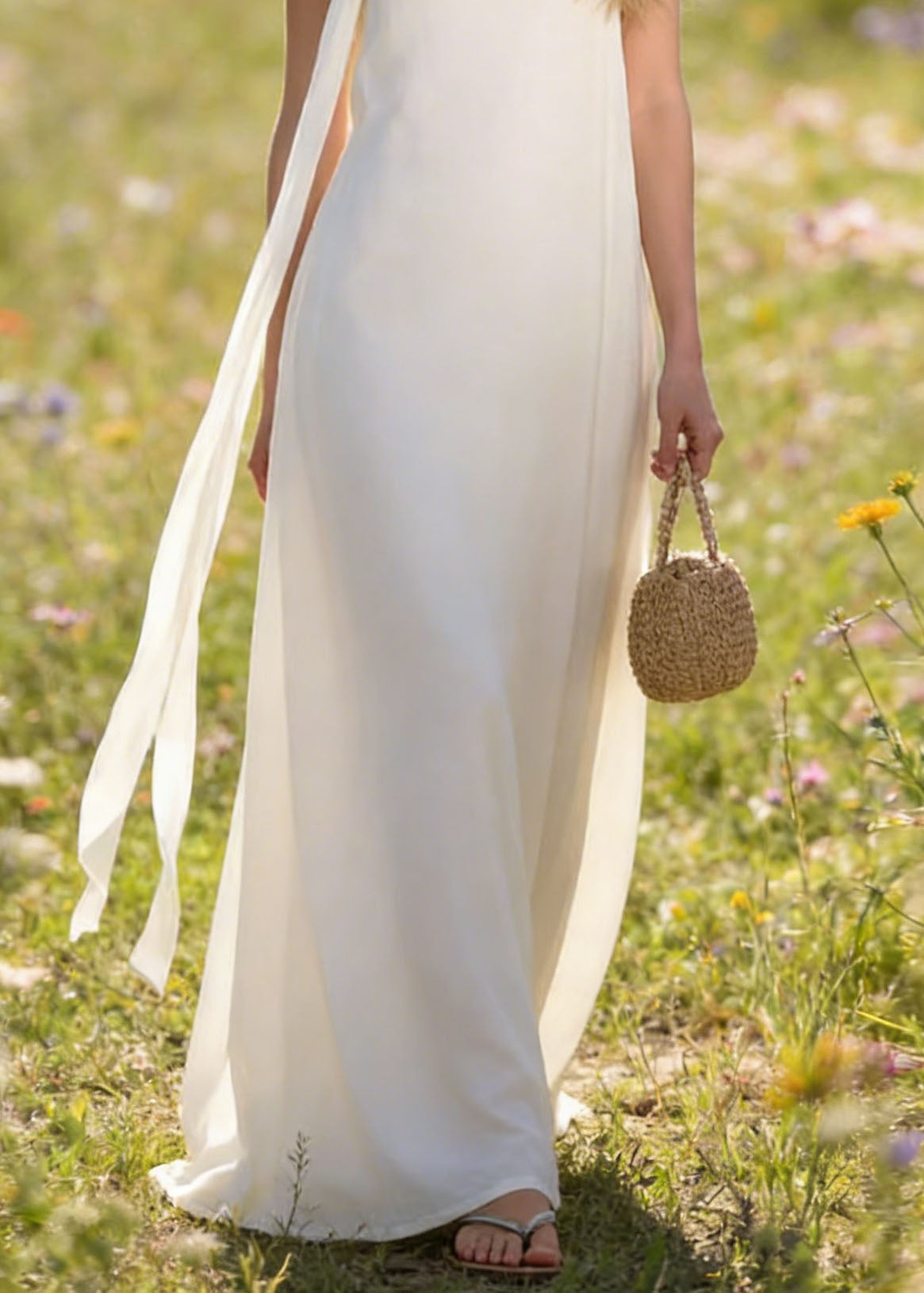 Italian White Simple Chiffon Spaghetti Strap Dress Summer - View 4