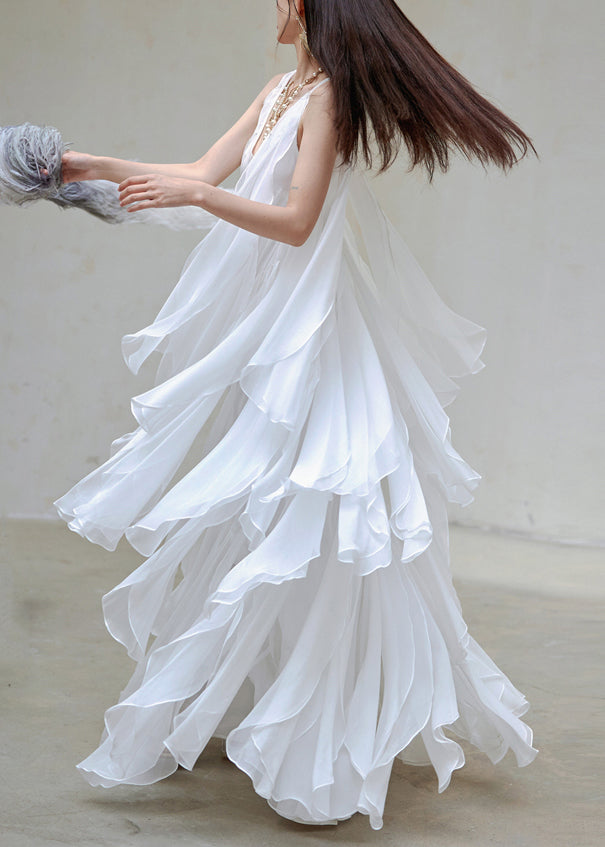 Chiffon Sleeveless V-Neck Tiered Cascading Handkerchief Maxi Gown