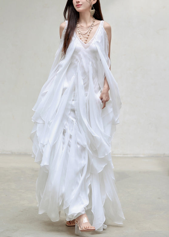 Chiffon Sleeveless V-Neck Tiered Cascading Handkerchief Maxi Gown - View 2
