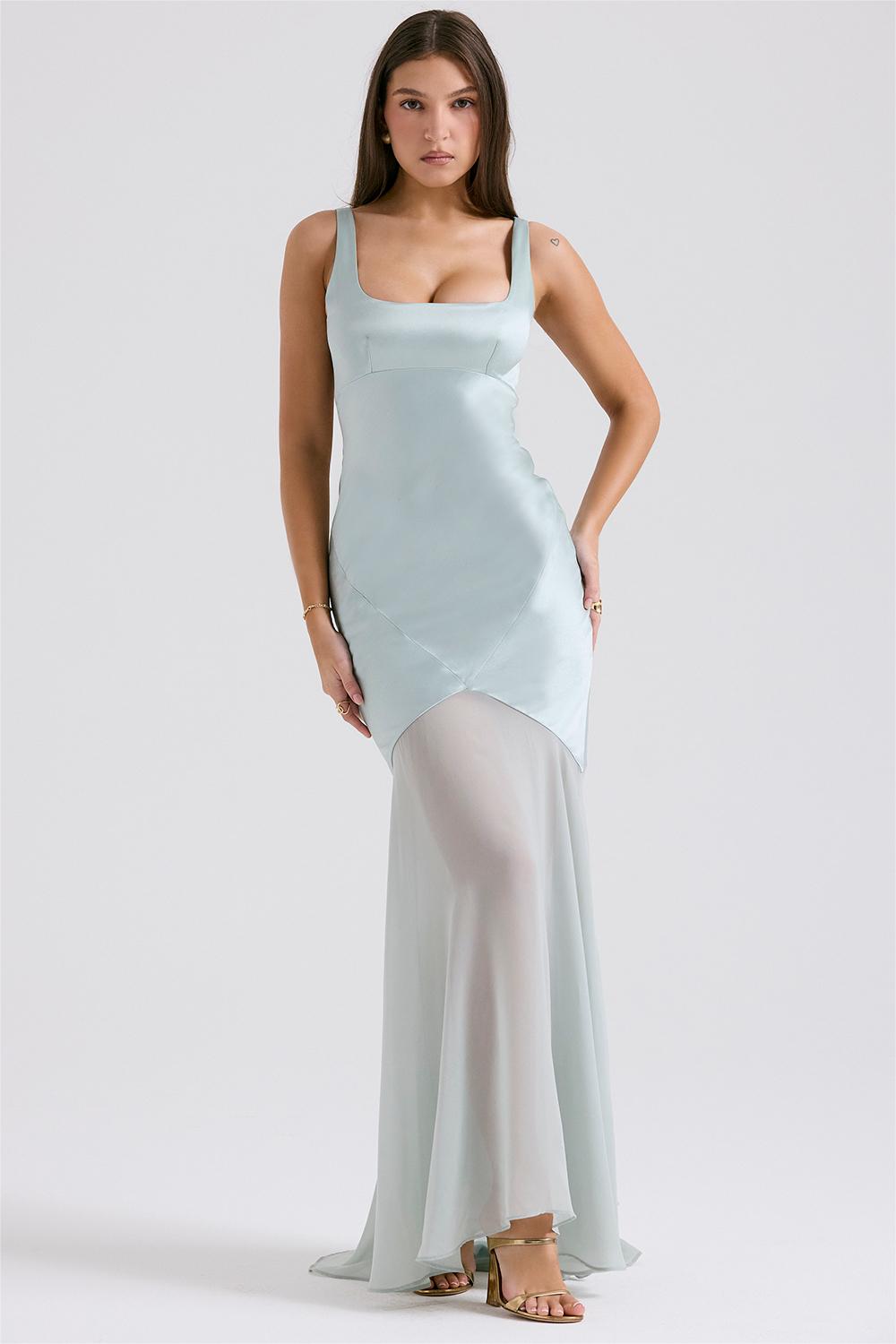 Solid Satin Mesh Sleeveless Maxi Dress - View 7