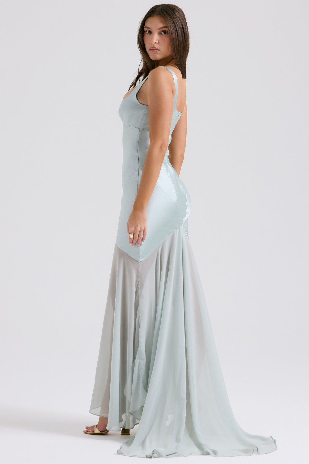 Solid Satin Mesh Sleeveless Maxi Dress - View 3