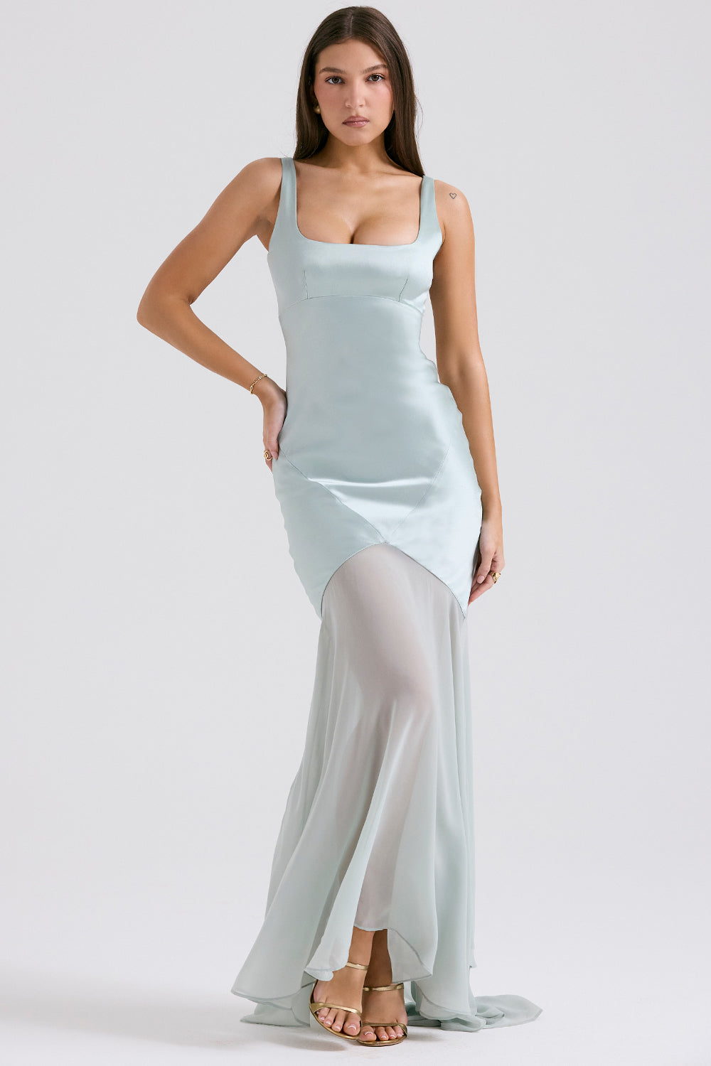 Solid Satin Mesh Sleeveless Maxi Dress in blue