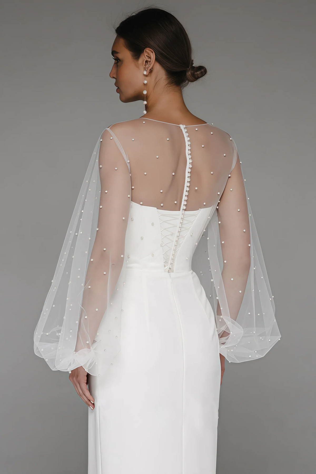 Mesh Pearl Embellished Lantern Sleeve Corset Bodice Maxi Gown - View 3