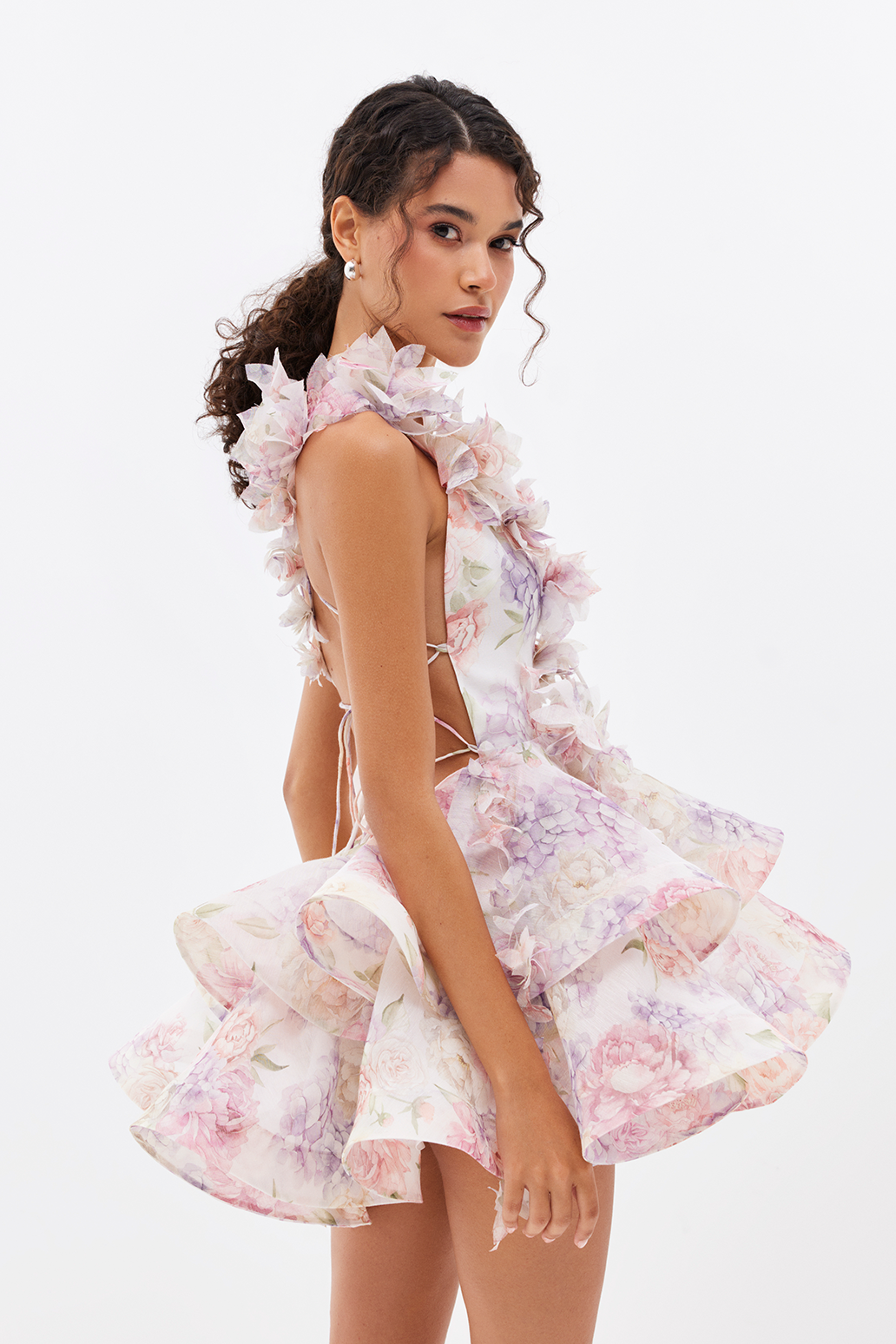 Floral Deep V-Neck 3D Flower Tiered Ruffle Mini Dress - View 2