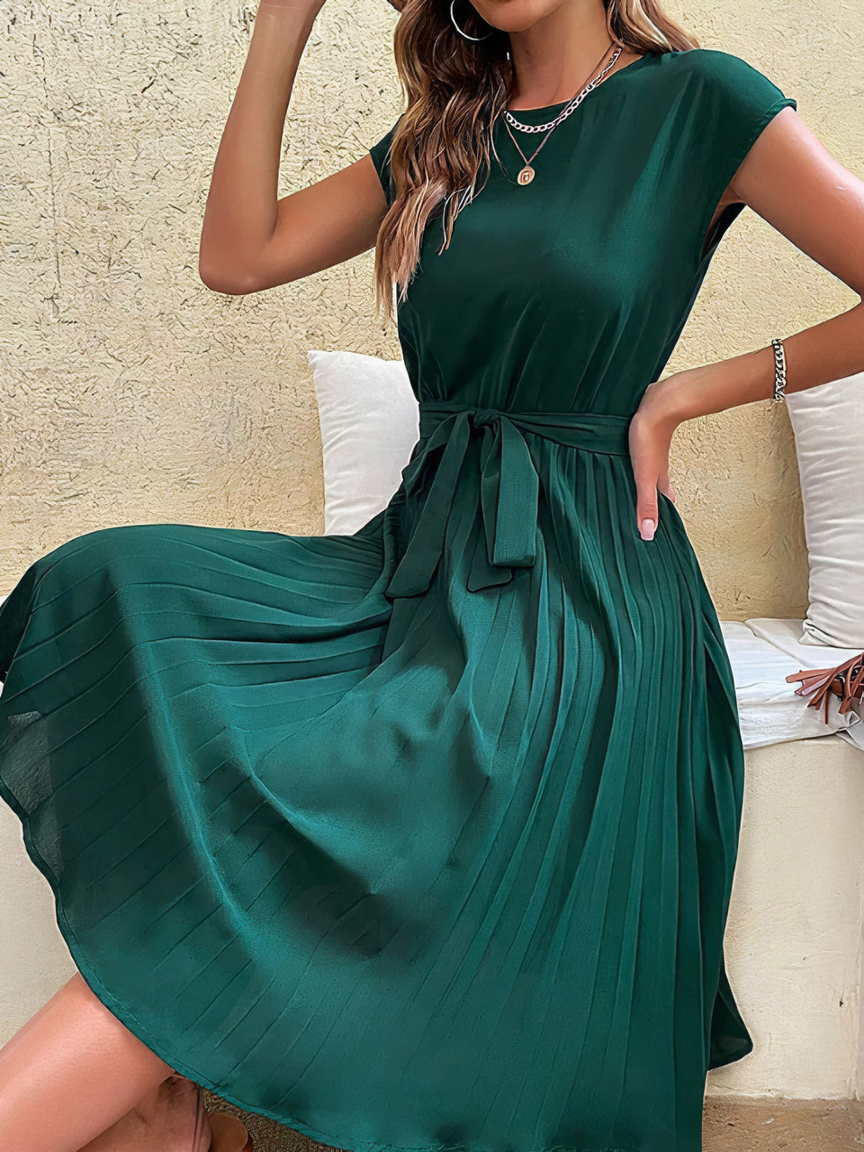 Cap Sleeve Tie Waist Pleated A-Line Midi Summer Dress - View 2