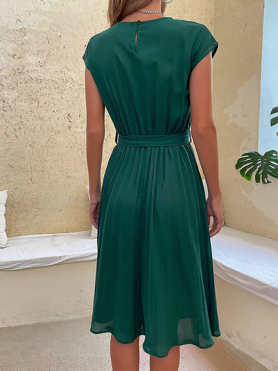 Cap Sleeve Tie Waist Pleated A-Line Midi Summer Dress - View 3