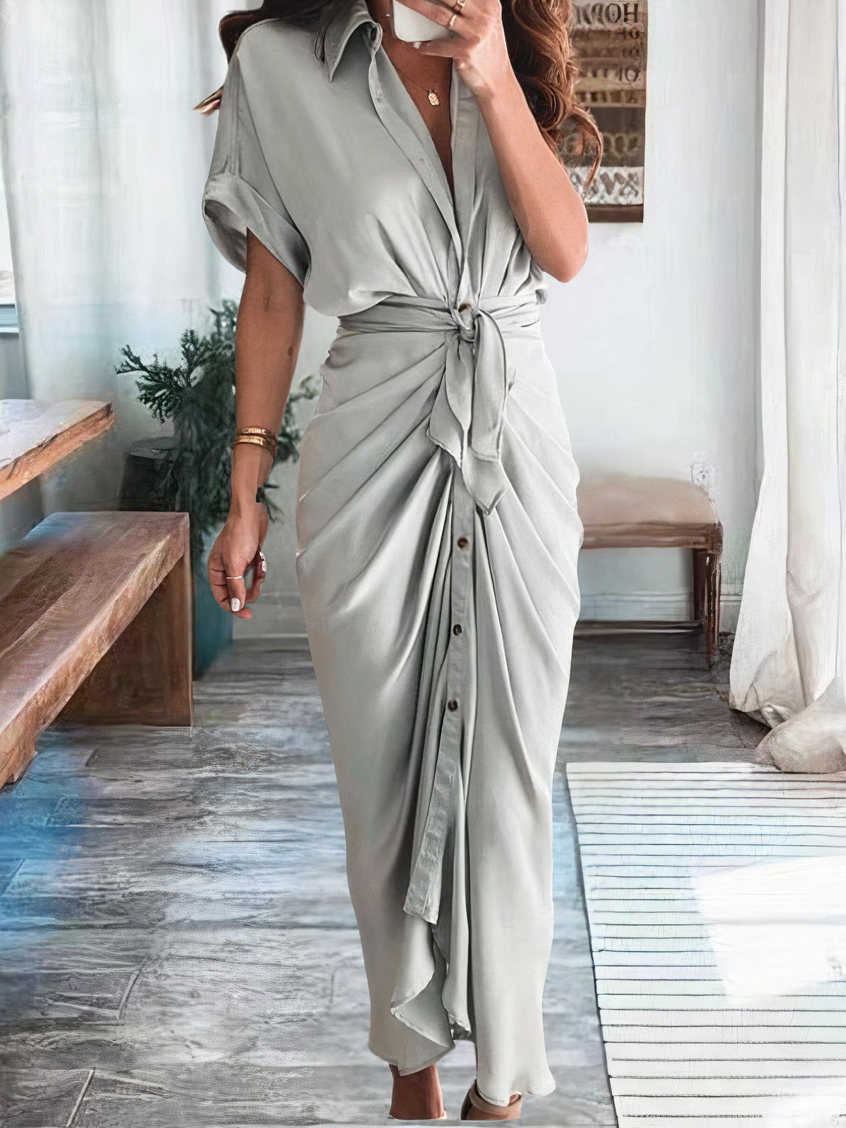 Satin Collared Short Sleeve Tie Waist Button Front Maxi Shirt Dress - View 6