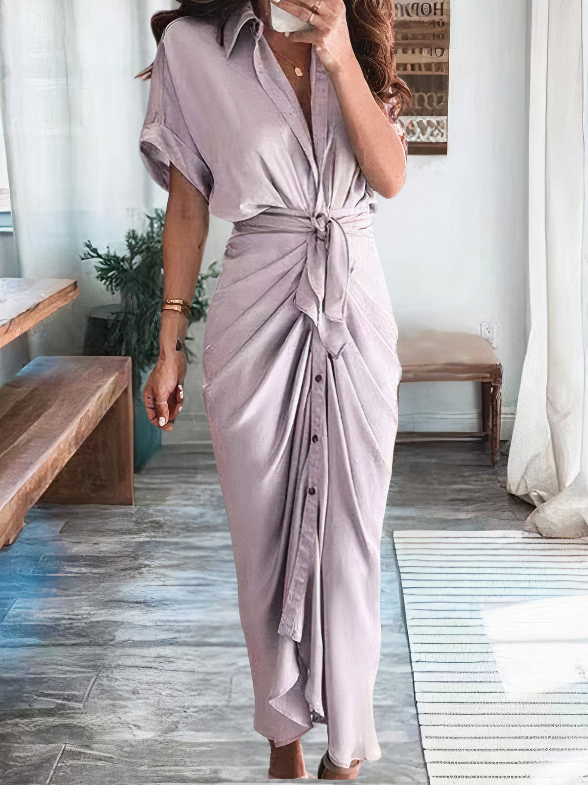 Satin Collared Short Sleeve Tie Waist Button Front Maxi Shirt Dress
