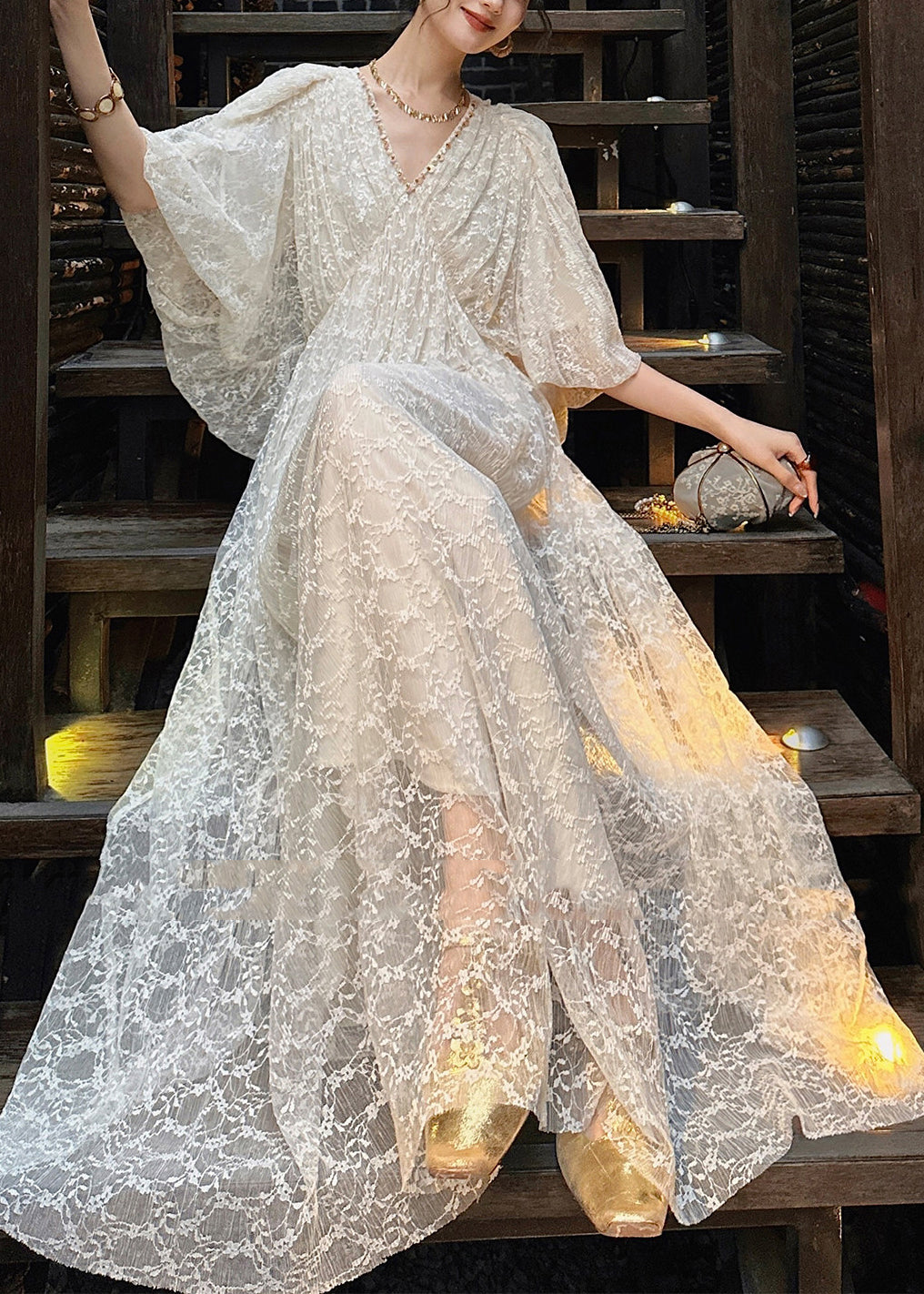Jacquard Floral Print Deep V-Neck Puff Sleeve Pleated Maxi Gown - View 2