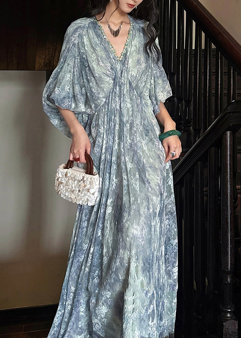 Jacquard Floral Print Deep V-Neck Puff Sleeve Pleated Maxi Gown - View 4