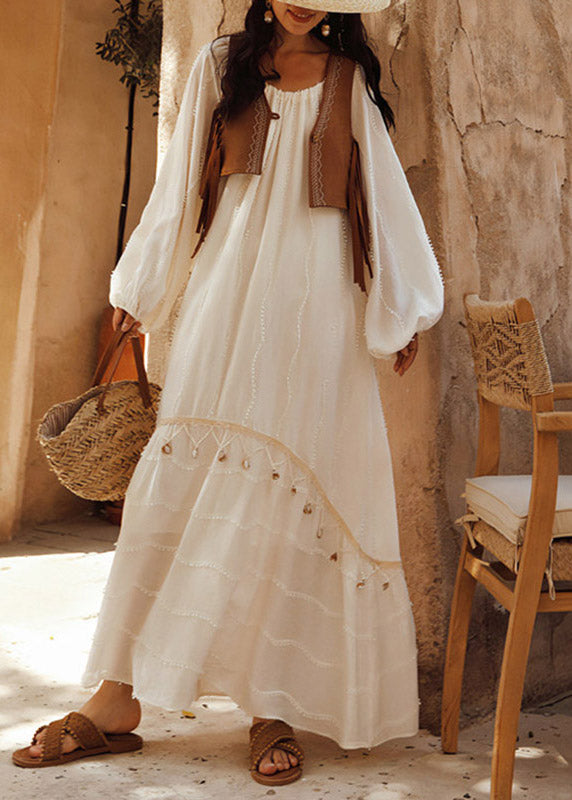Woven Jacquard Round Neck Cold Shoulder Puff Sleeve Maxi Dress - View 3