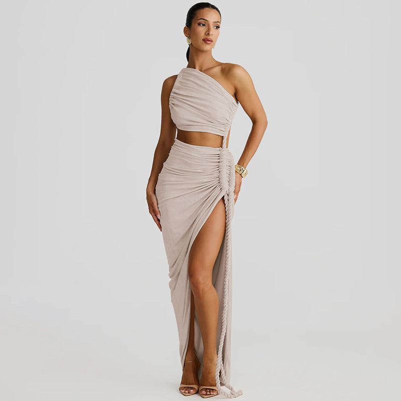 One Shoulder Ruched Cut Out High Split Maxi Dress 18