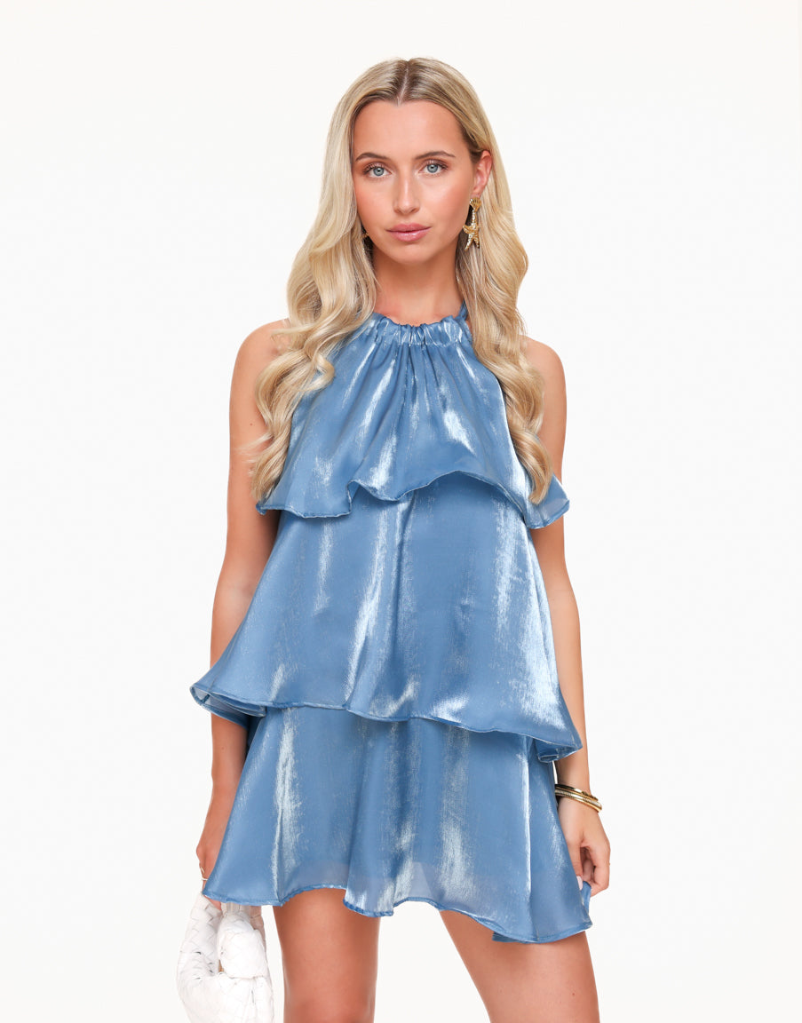 Emilia Statement Jeans Blue Satin Ruffle Dress