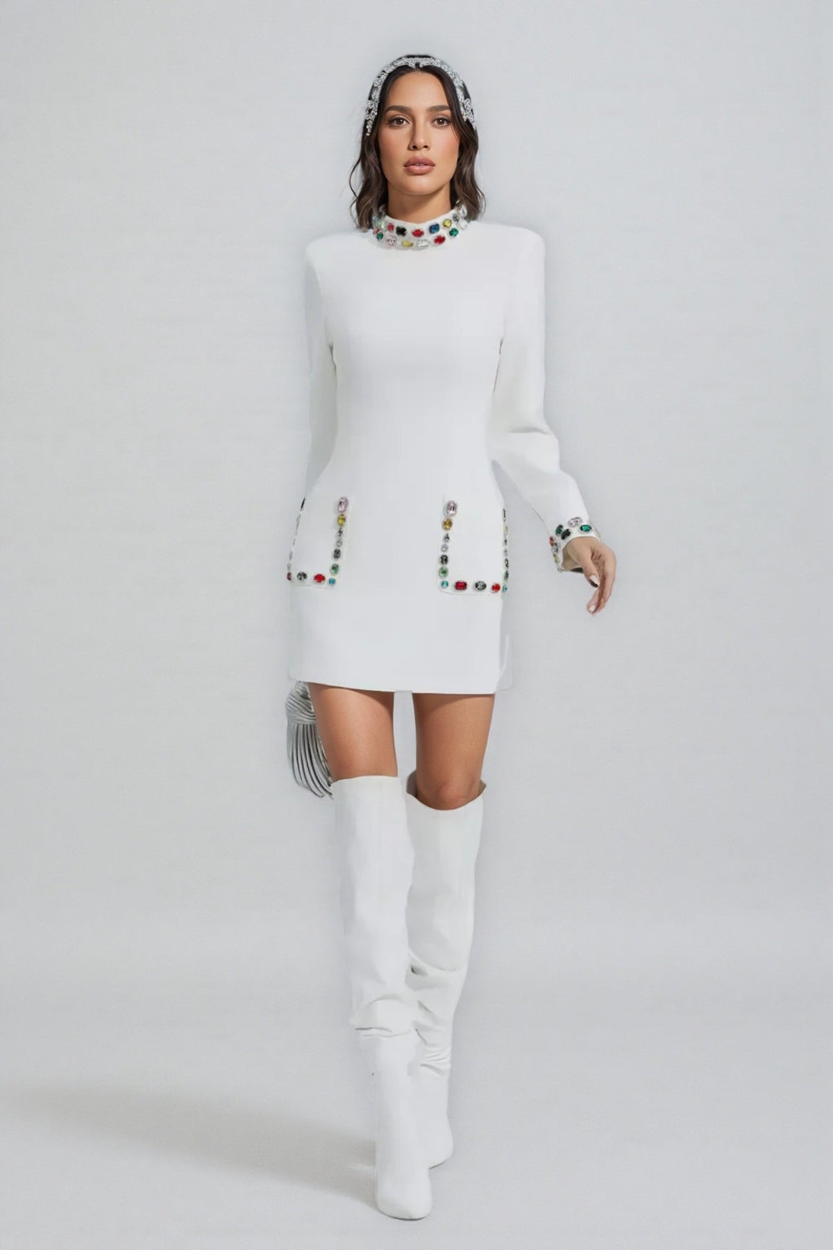 Gemstone Embellished Mock Neck Long Sleeve Patch Pocket Mini Dress - View 4