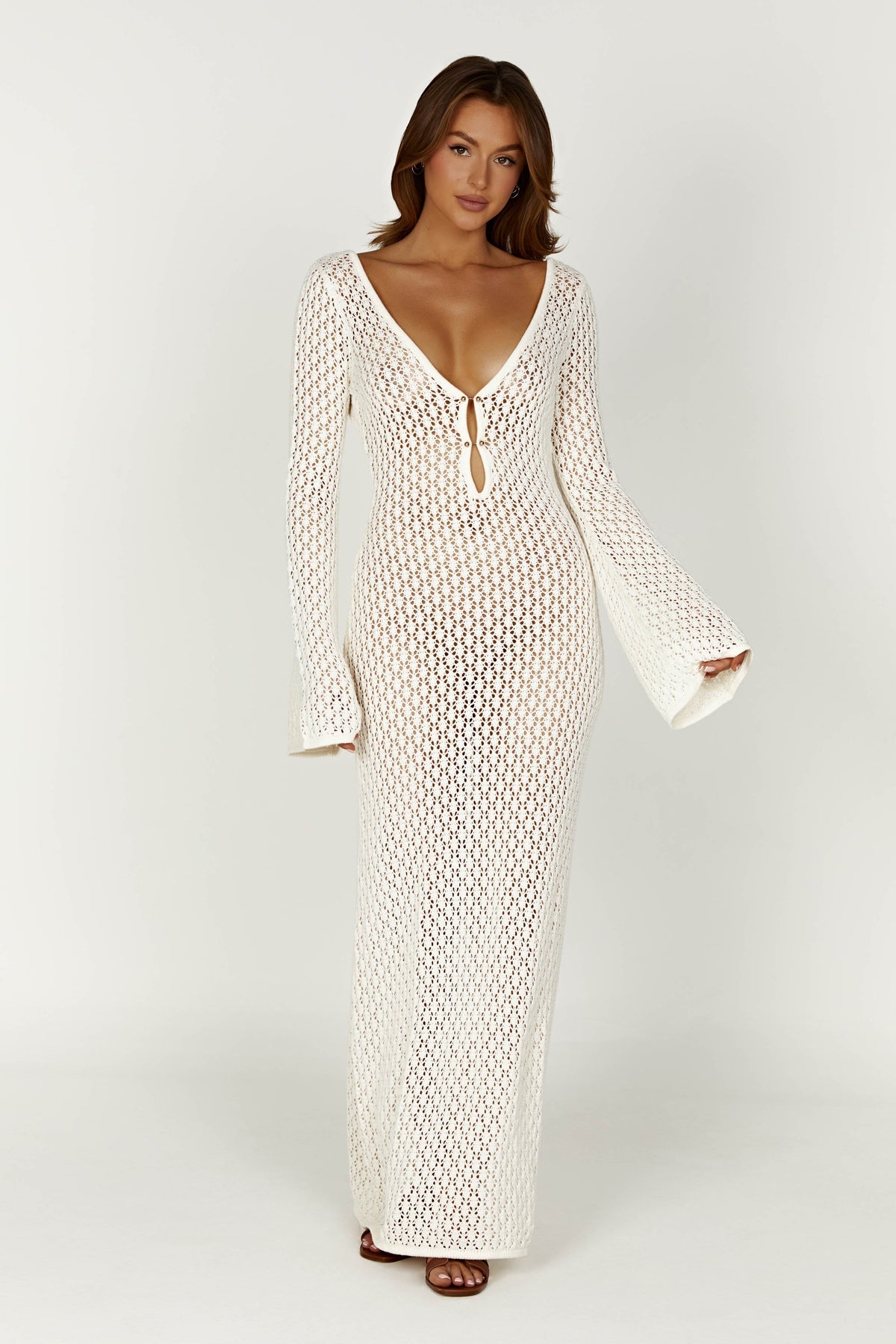 Crochet Deep V-Neck Keyhole Bell Sleeve Bodycon Maxi Dress
