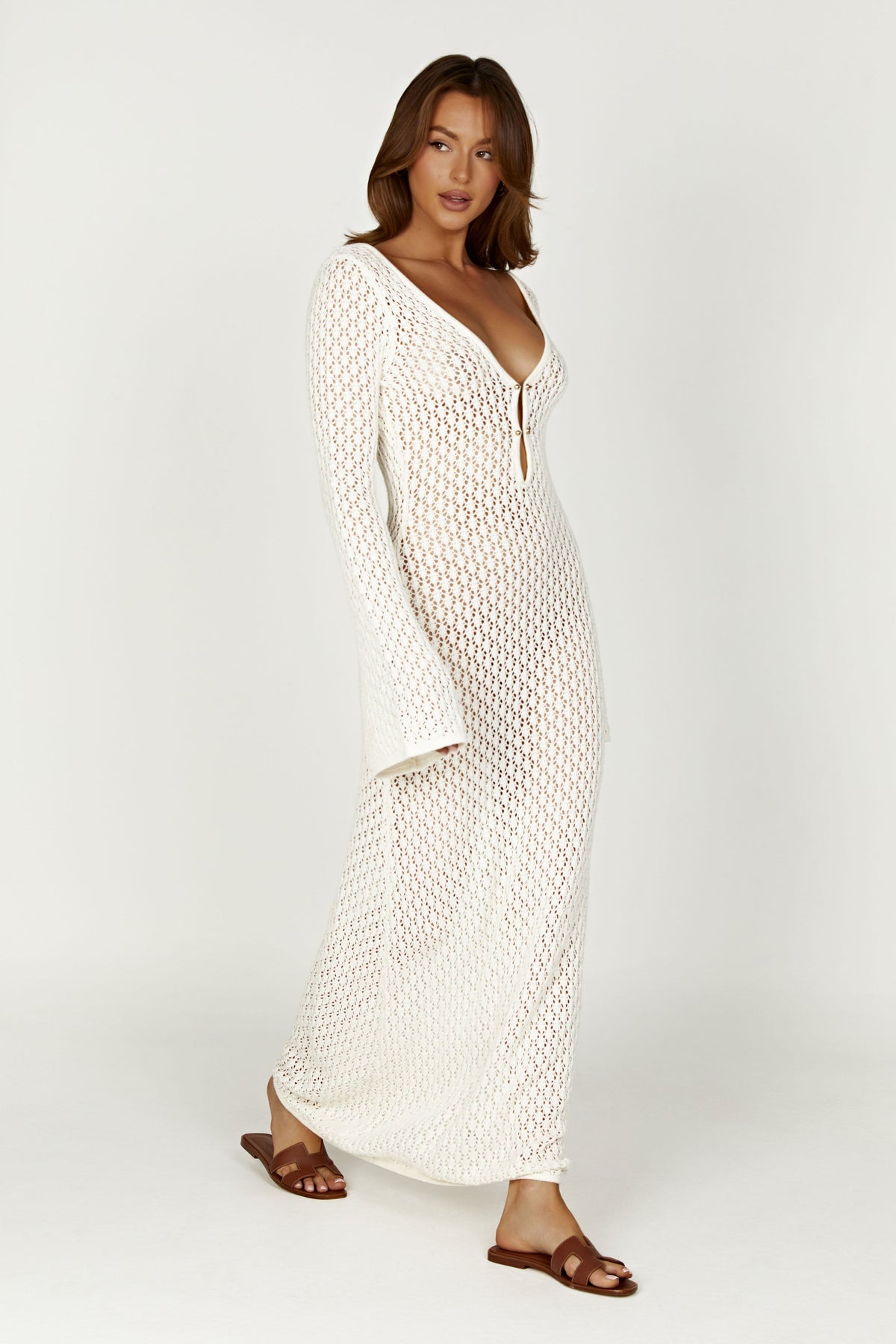 Crochet Deep V-Neck Keyhole Bell Sleeve Bodycon Maxi Dress - View 2