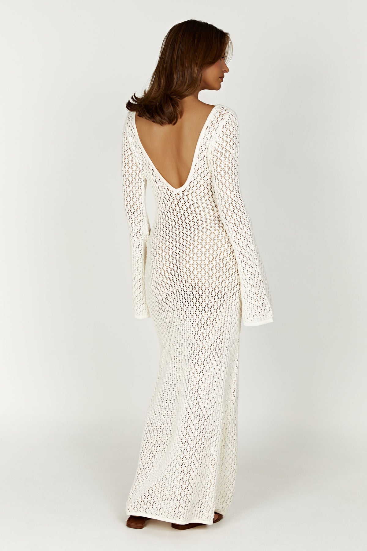 Crochet Deep V-Neck Keyhole Bell Sleeve Bodycon Maxi Dress - View 4