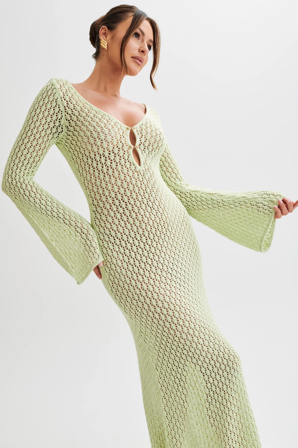 Crochet Knit Deep V-Neck Bell Sleeve Keyhole Maxi Dress - View 11