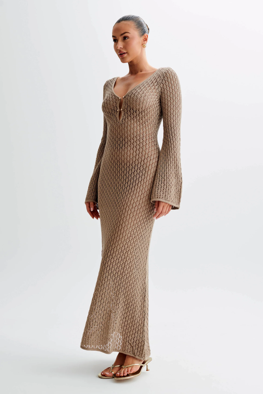 Crochet Knit Deep V-Neck Bell Sleeve Keyhole Maxi Dress - View 8