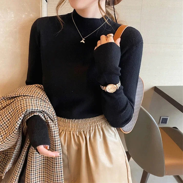 Half High Collar Crochet Y2k Sweater Black / One Size