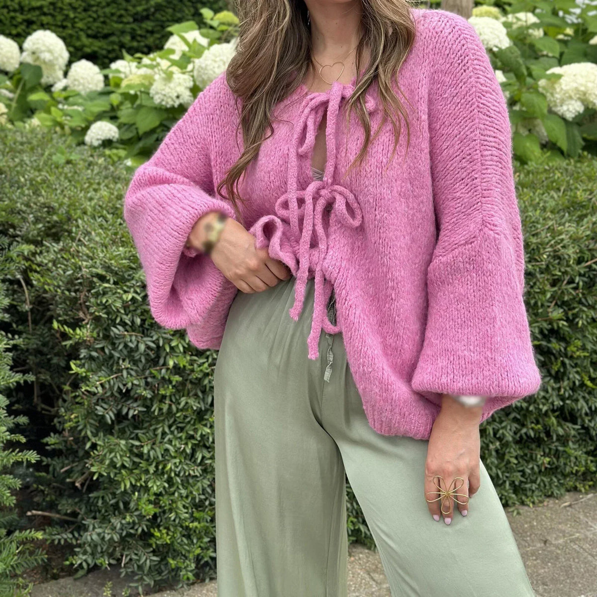 Lace-Up Hollow Out Patchwork Cardigan pink / S