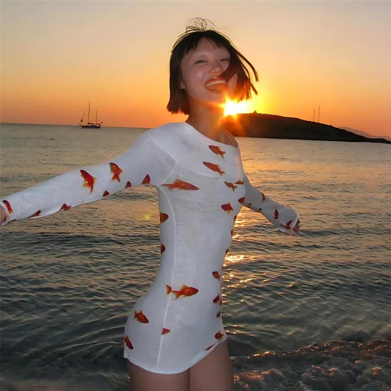 Koi Fish Printed Mesh Mini Dress - View 3