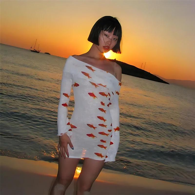 Koi Fish Printed Mesh Mini Dress in White