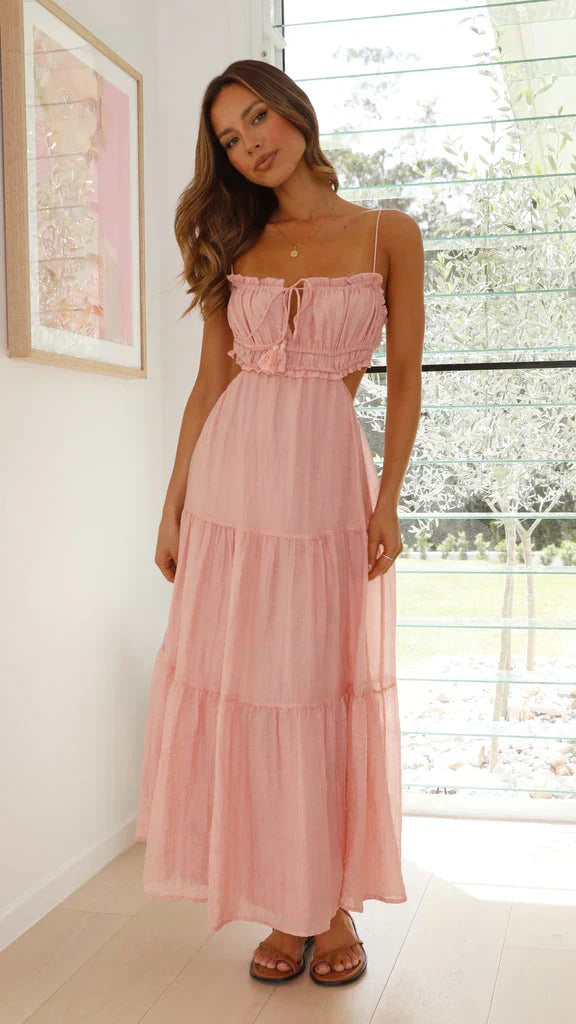 Spaghetti Strap Smocked Keyhole Tie Tassel Waist Maxi Dress - View 7