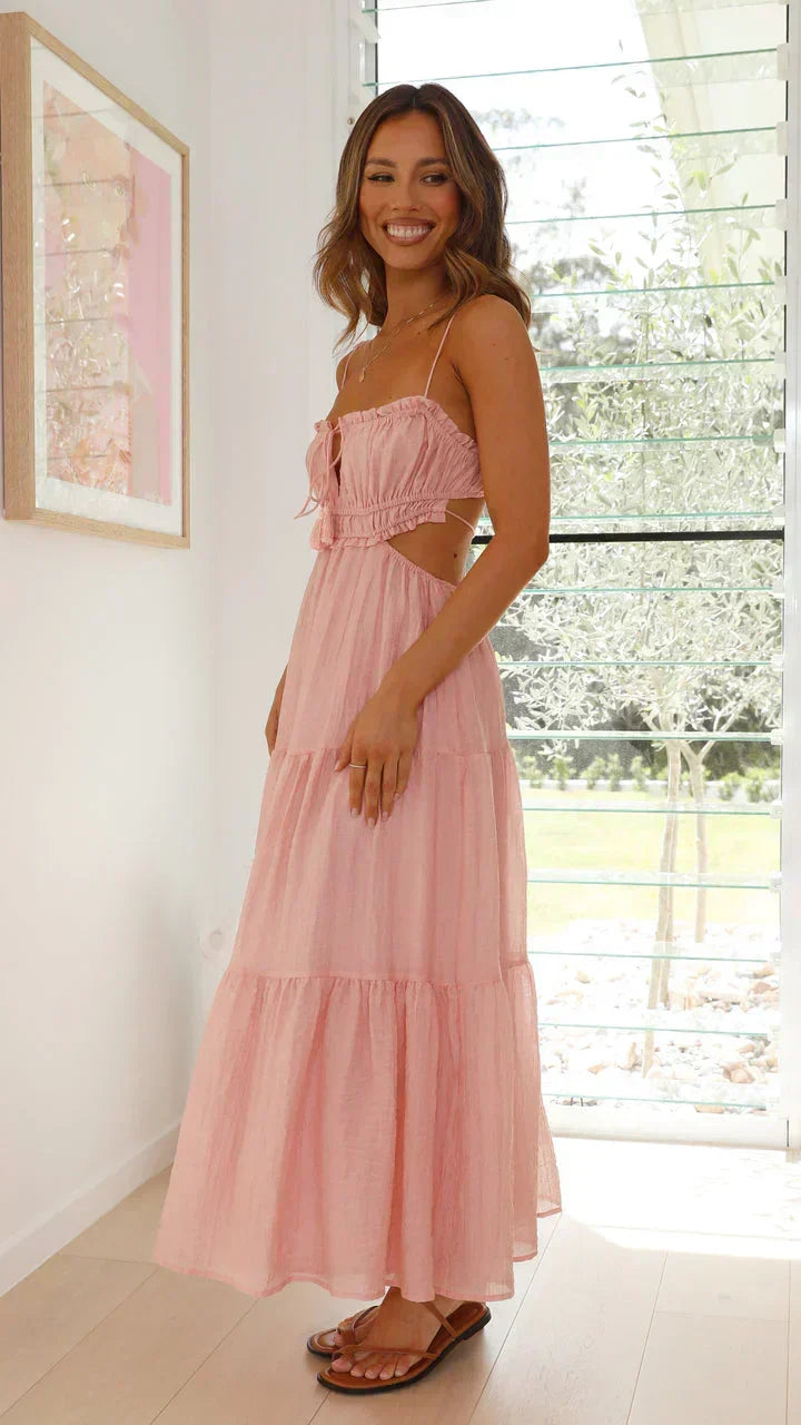 Spaghetti Strap Smocked Keyhole Tie Tassel Waist Maxi Dress - View 6