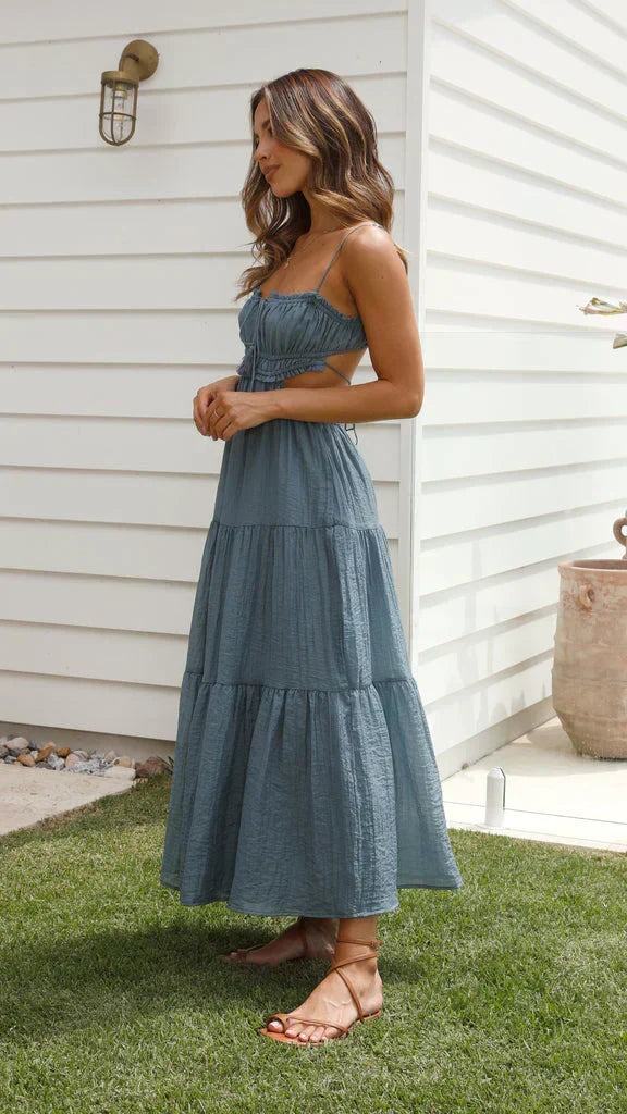 Spaghetti Strap Smocked Keyhole Tie Tassel Waist Maxi Dress - View 20