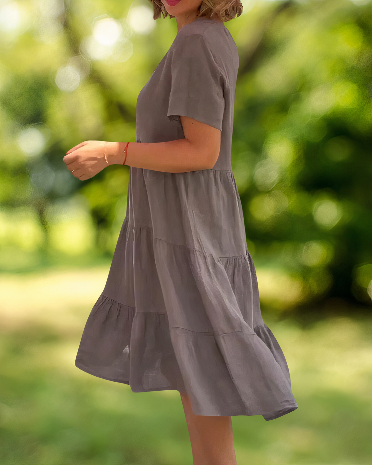 V-Neck Short Sleeve Tiered Babydoll Knee Length Summer Dress - View 5