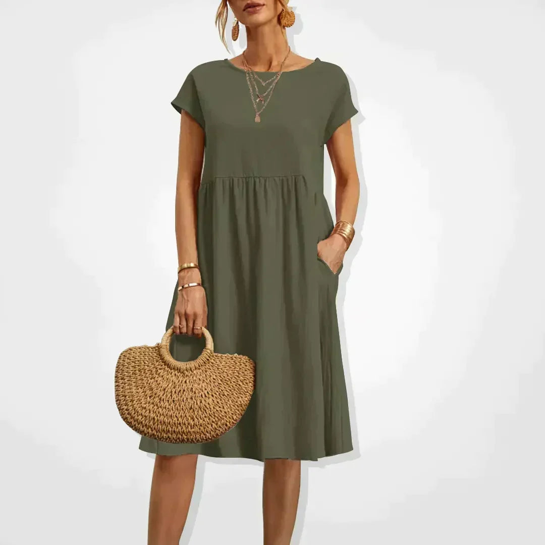 Short Sleeve Empire Waist Gathered Pocket Knee Length Summer Dress - View 3
