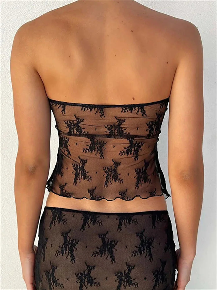 Strapless Off-Shoulder Corset Sheer Mesh Corset Crop Top
