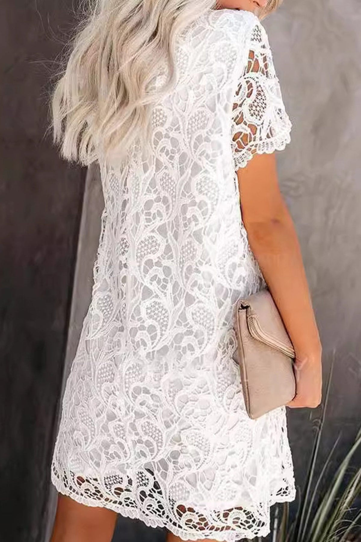 Lace Crew Neck Short Sleeve Mini Dress - View 3