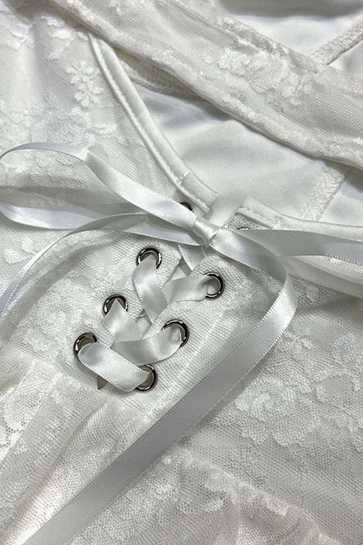 Lace Tiered Ruched Cami Dress in White - View 10