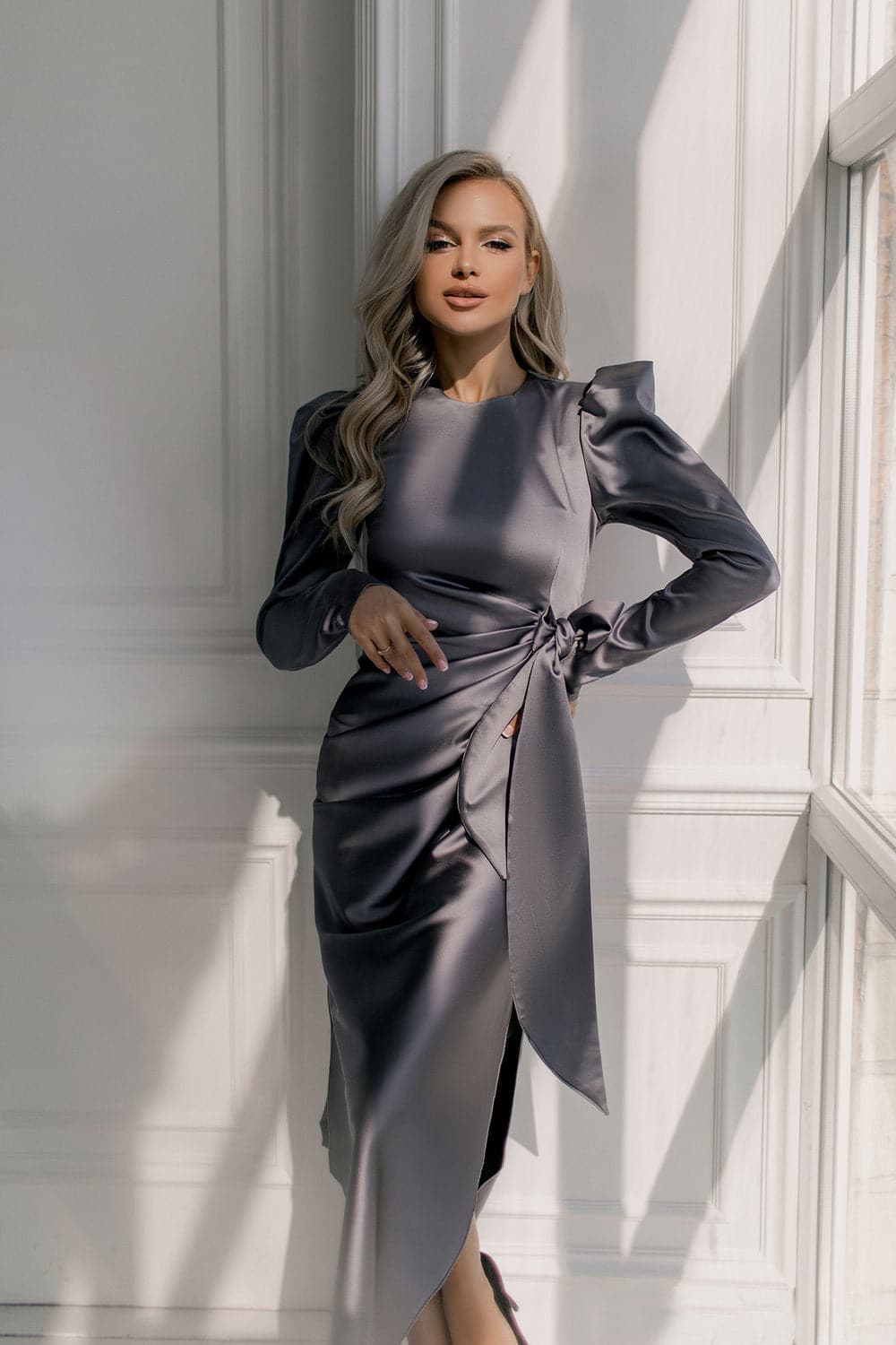 Satin Puff Shoulder Long Sleeve Wrap Tie Waist Asymmetrical Midi Cocktail Dress