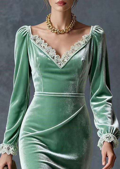 Velvet V-Neck Long Sleeve Lace Trim Ruffle Hem Midi Dress - View 2
