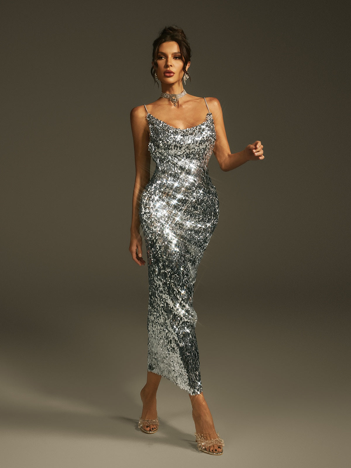 Sequin Spaghetti Strap V-Neck Midi Dress - View 5