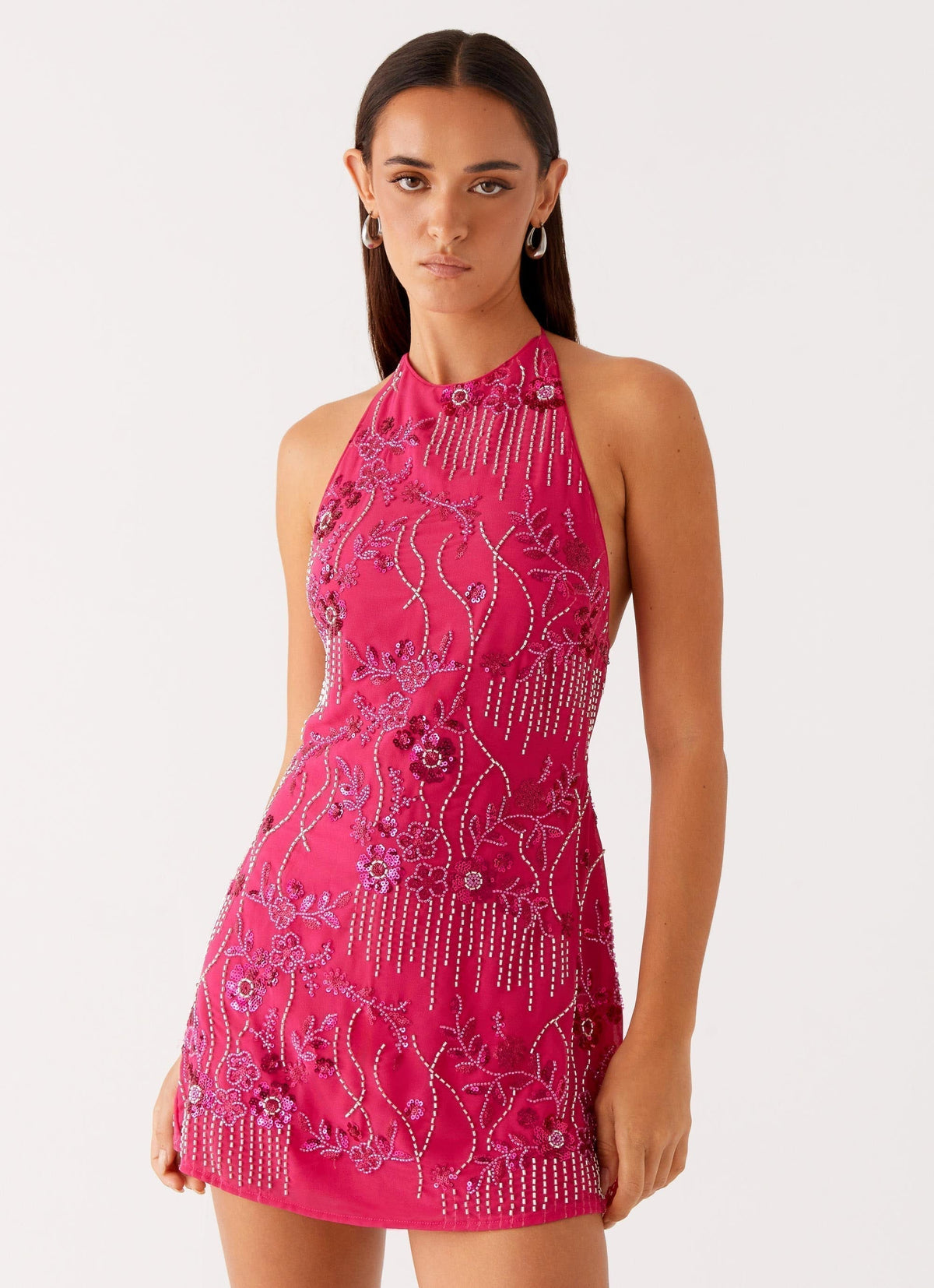 Sequin Floral Beaded Halter Neck Mini Dress - View 6