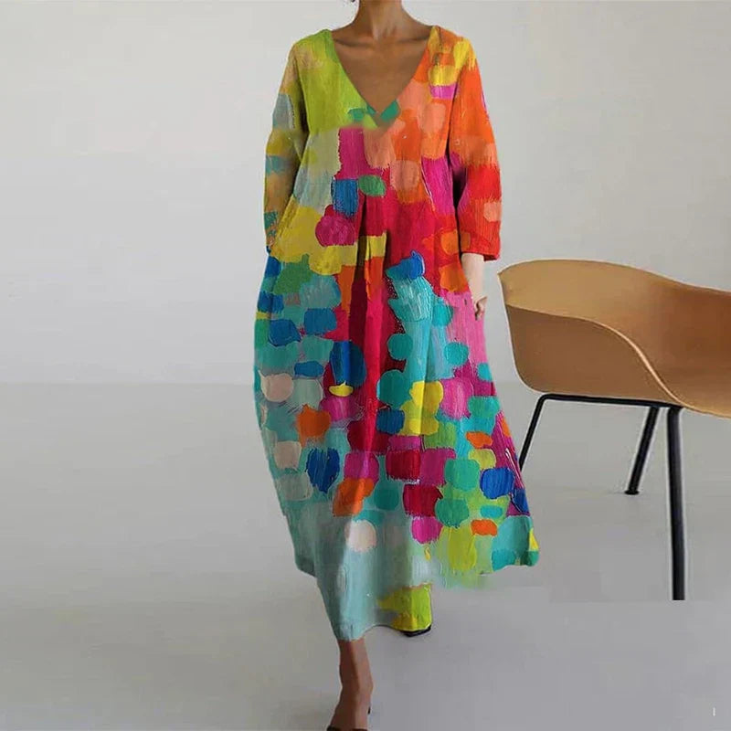 Abstract Print V-Neck Pocket Midi Dress