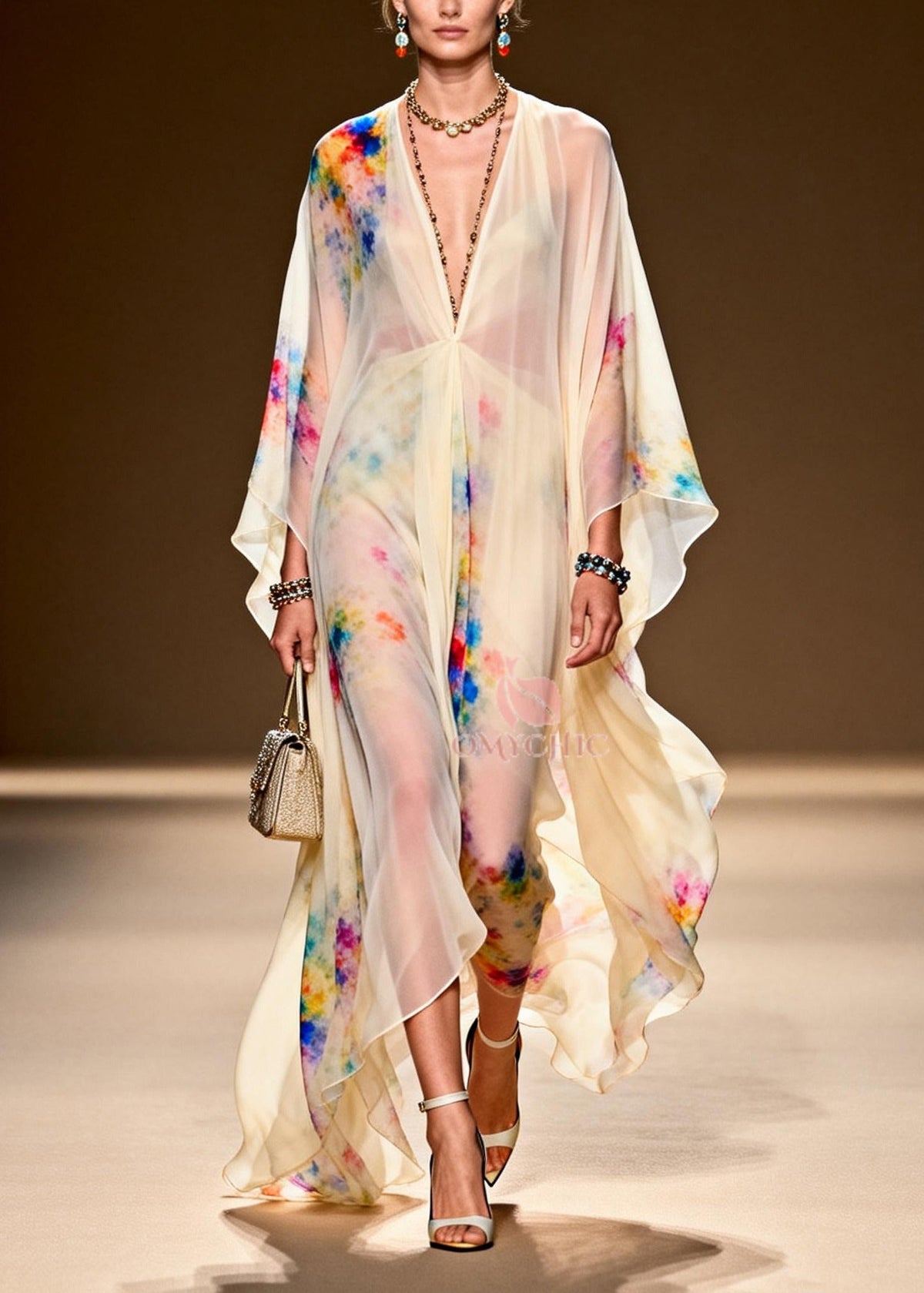 Tie Dye Deep V-Neck Sleeve High Split Sheer Chiffon Maxi Gown - View 3