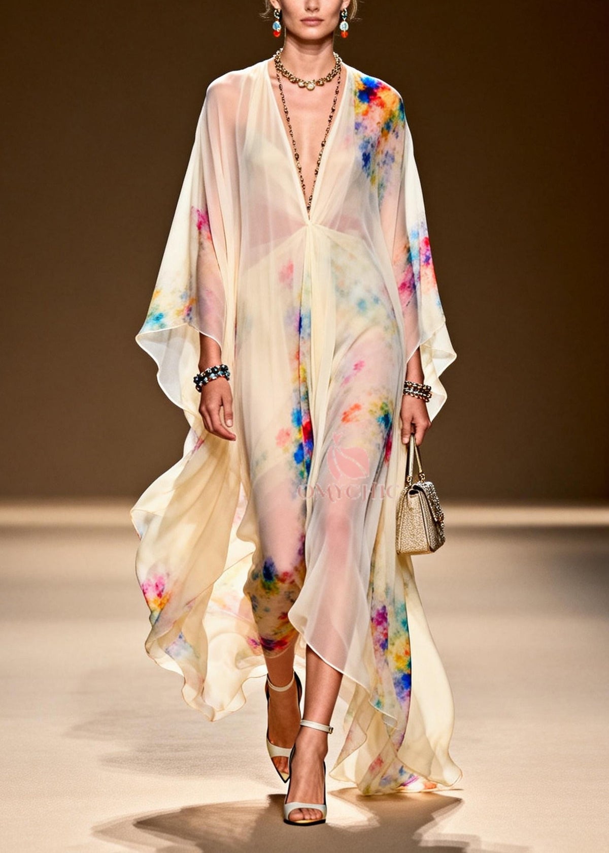 Tie Dye Deep V-Neck Sleeve High Split Sheer Chiffon Maxi Gown - View 5