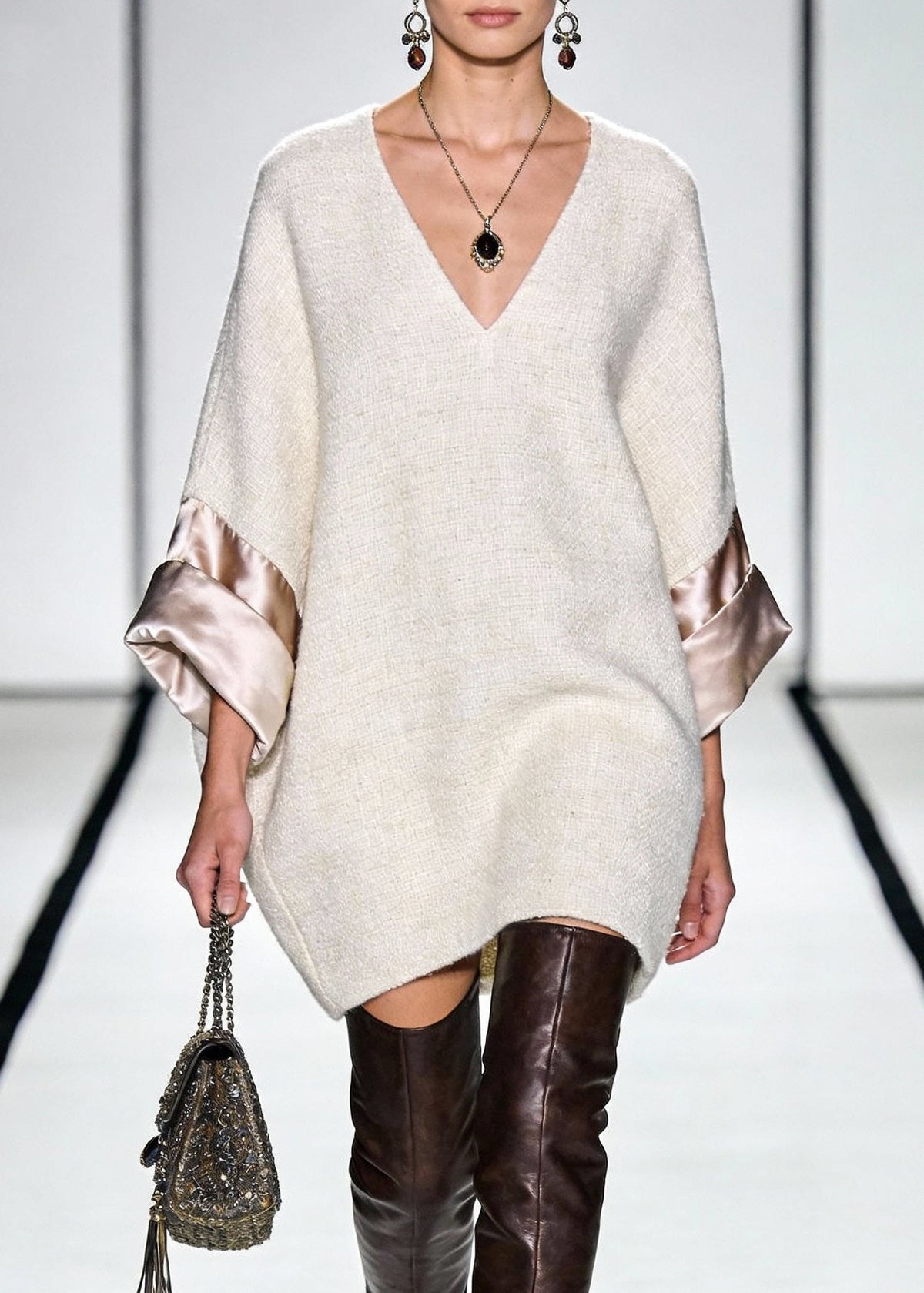 V-Neck Satin Turned Up Cuff Boucle Woven Oversized Tunic Mini Dress - View 5